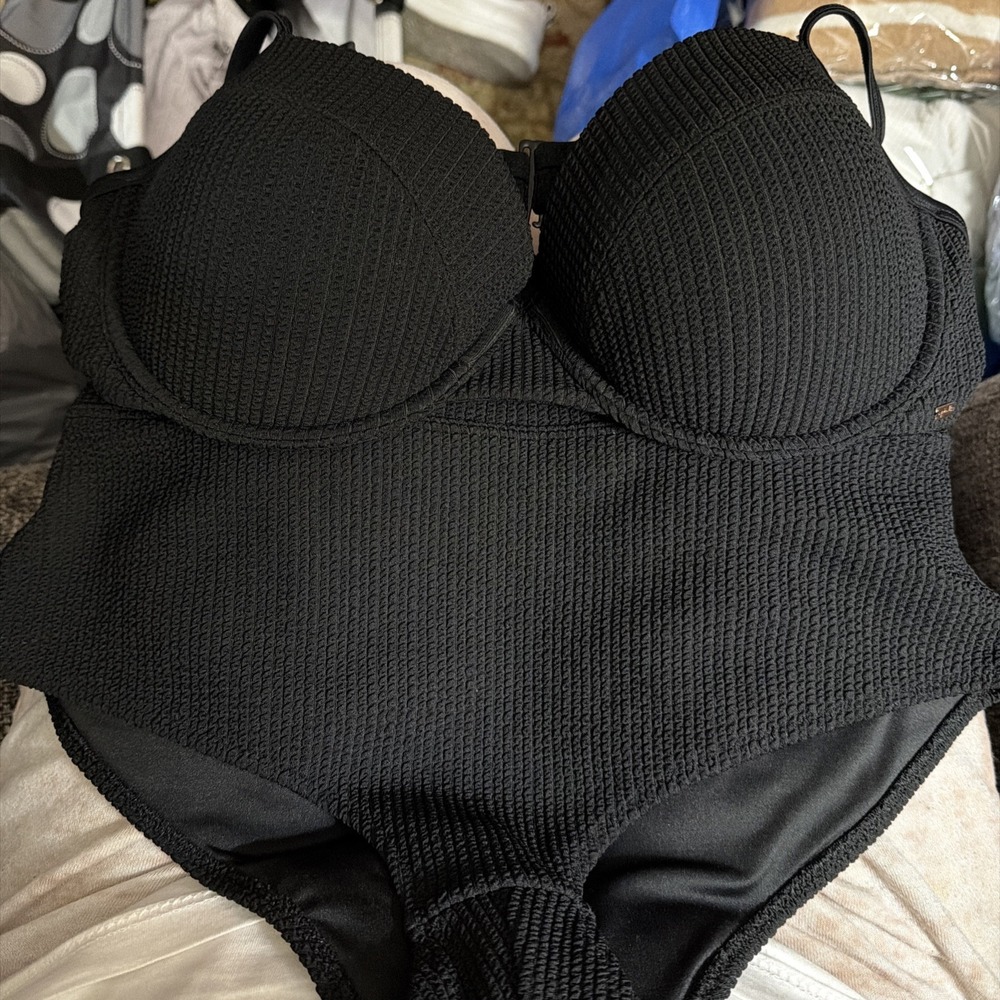 Victorias Secret Shortie Black Ribbed High Waist Bikini  Swimsuit L Panty XL Bra